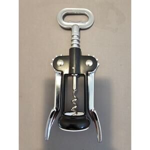Pedrini Black/Silver Corkscrew Wine Bottle Opener w/Fins - Push Down-Italy-Used